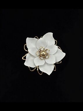 Emmons White Enamel Magnola Floral Brooch with Gold Accents